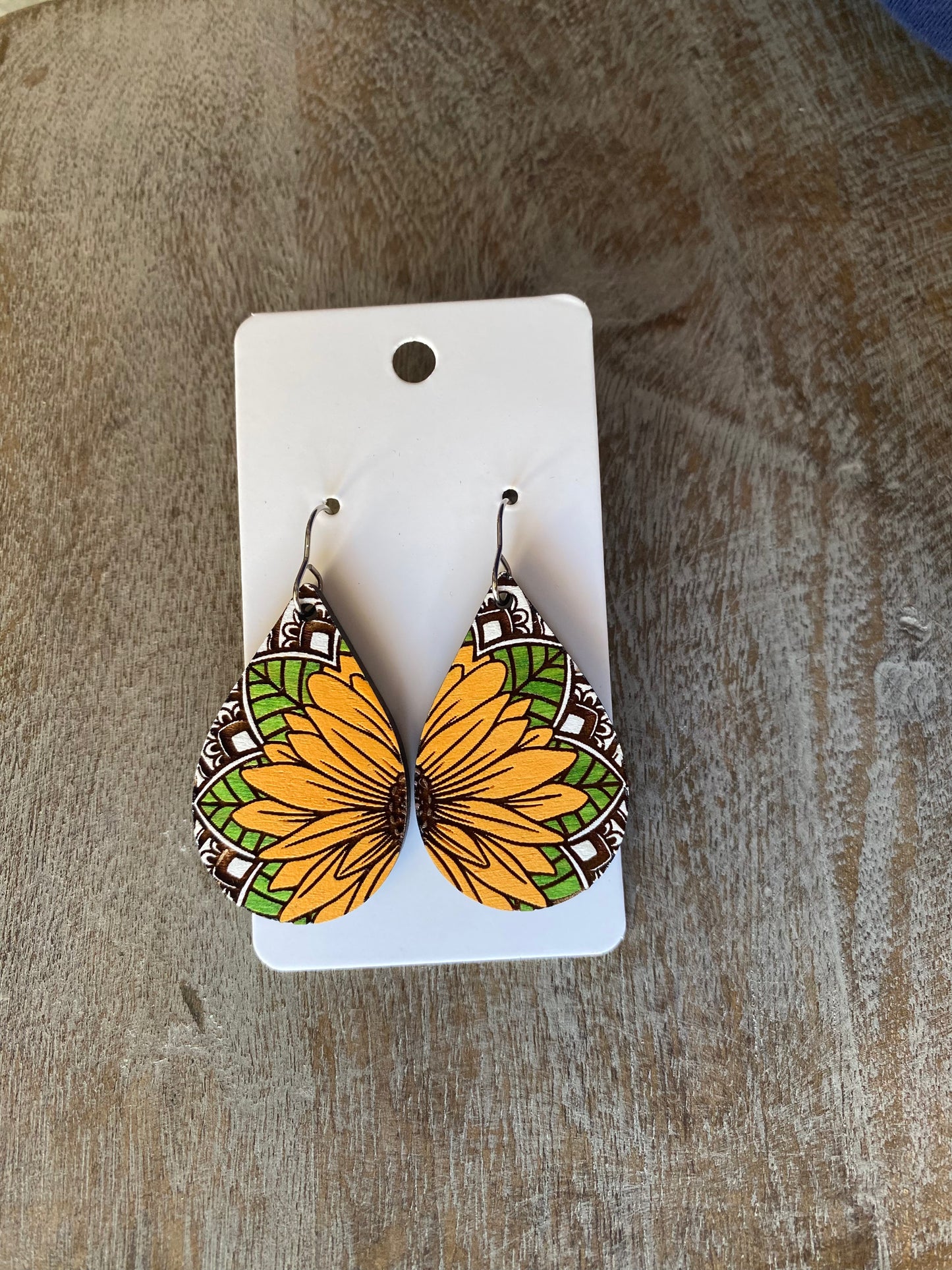 Wood Sunflower Mandala Earrings