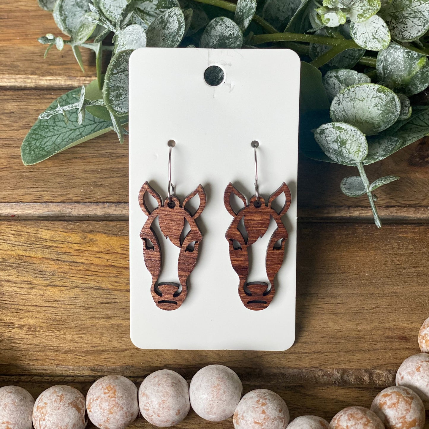 Wood Horse Face Earrings