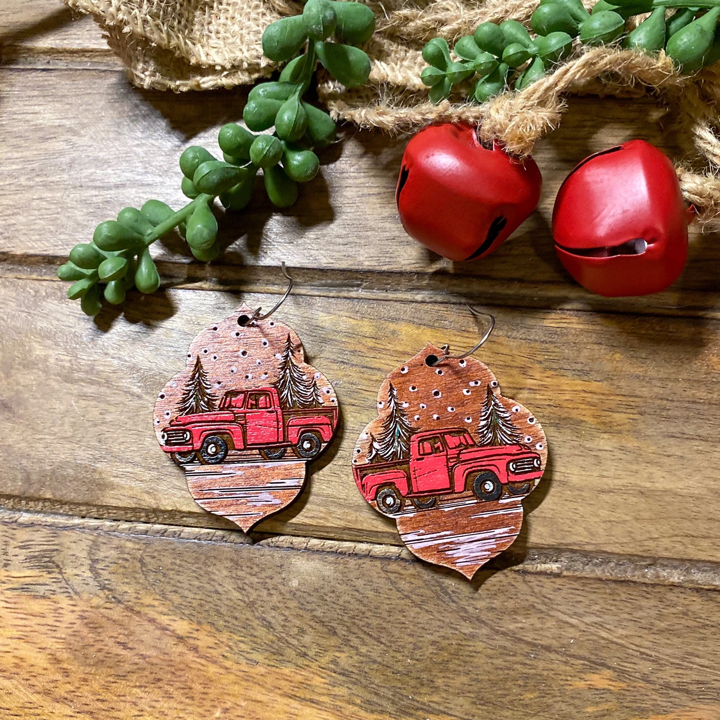 Wood Christmas Truck Earrings