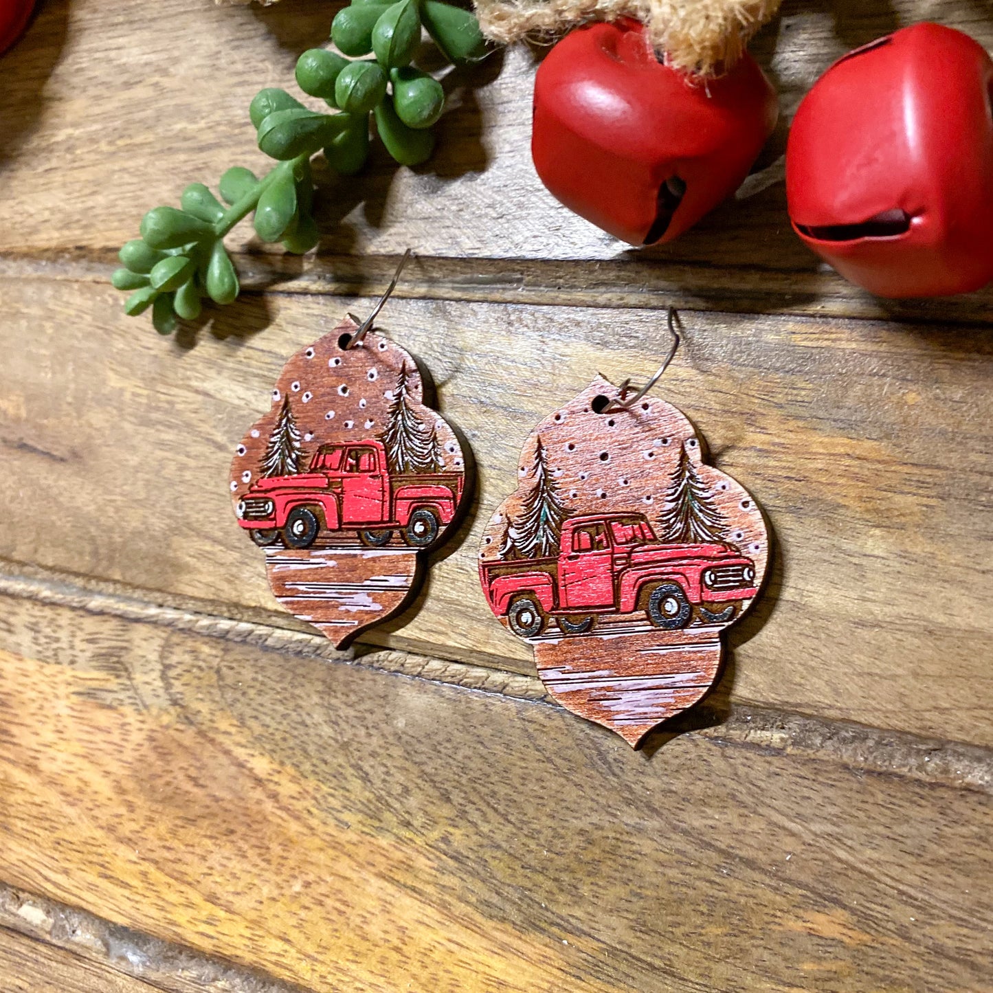 Wood Christmas Truck Earrings