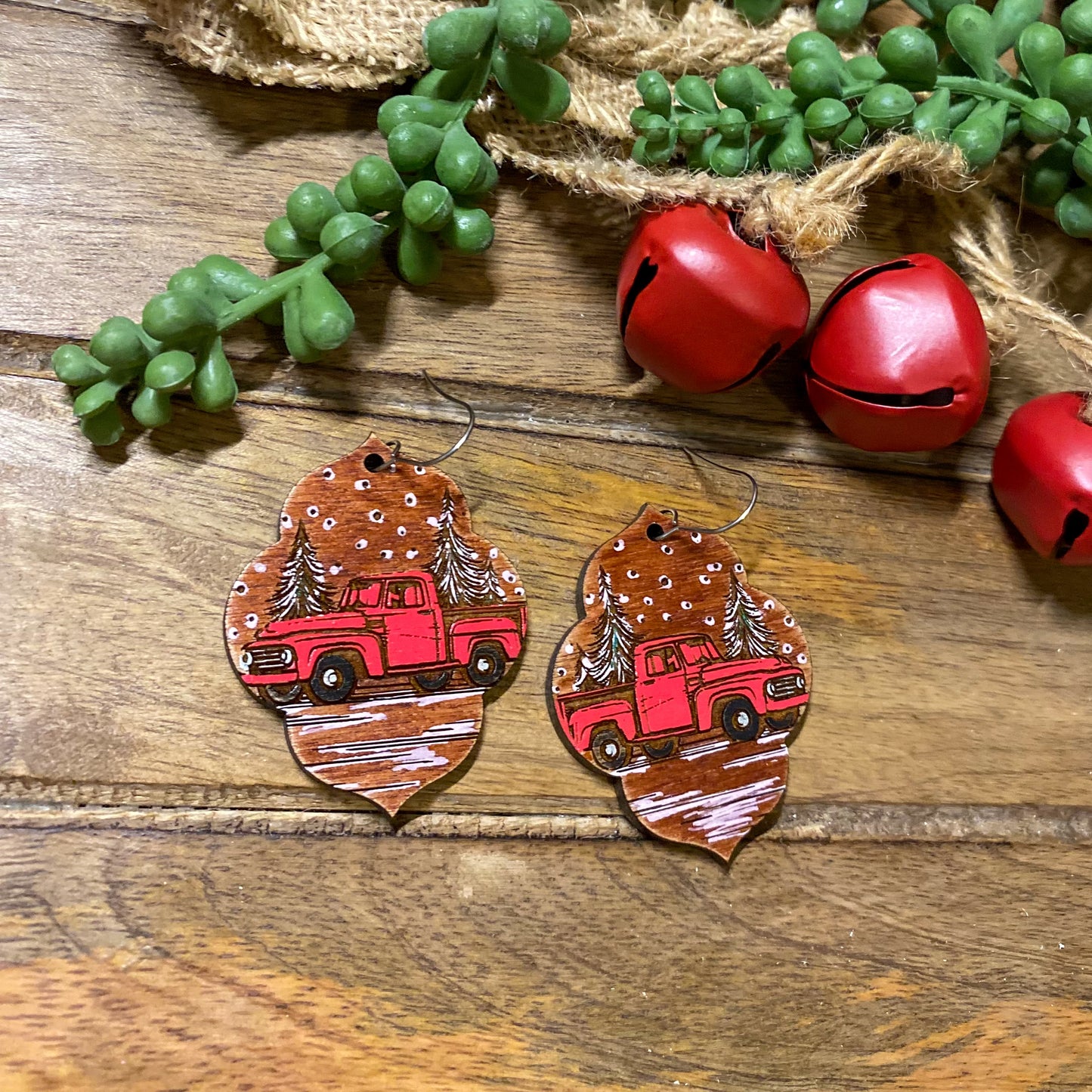 Wood Christmas Truck Earrings