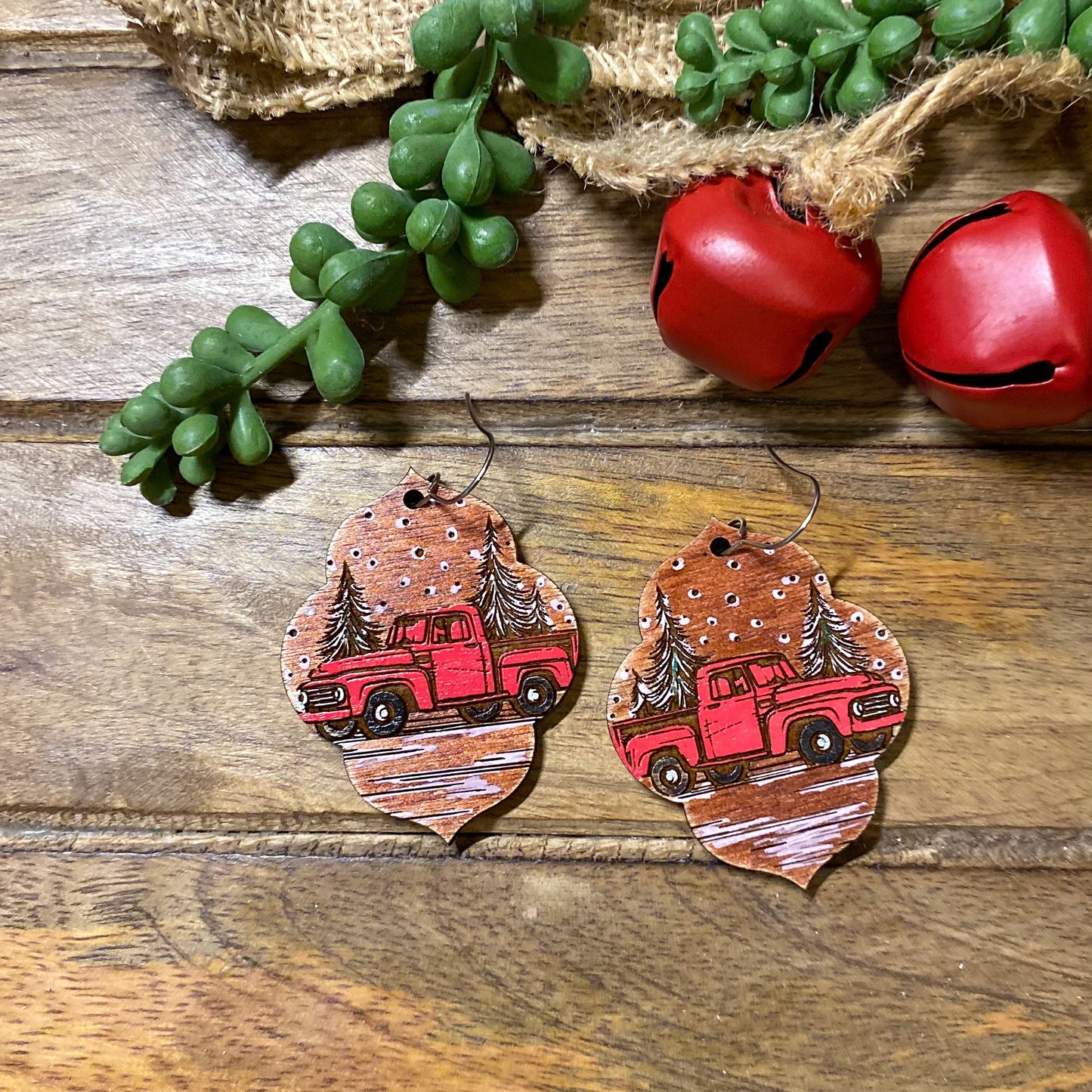 Wood Christmas Truck Earrings