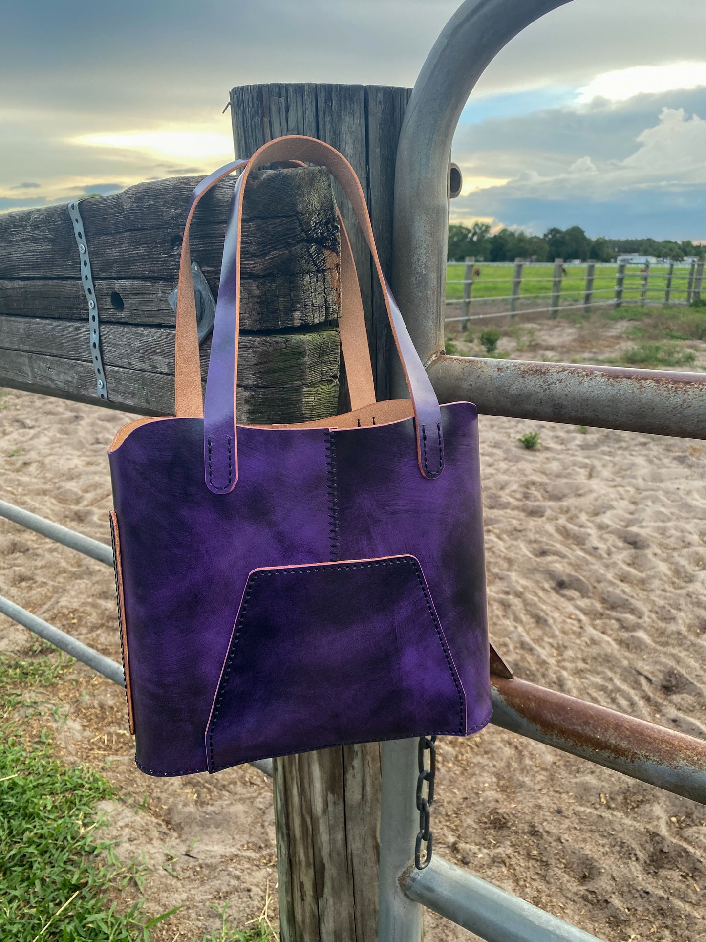 Handcrafted Purple Leather Tote-small