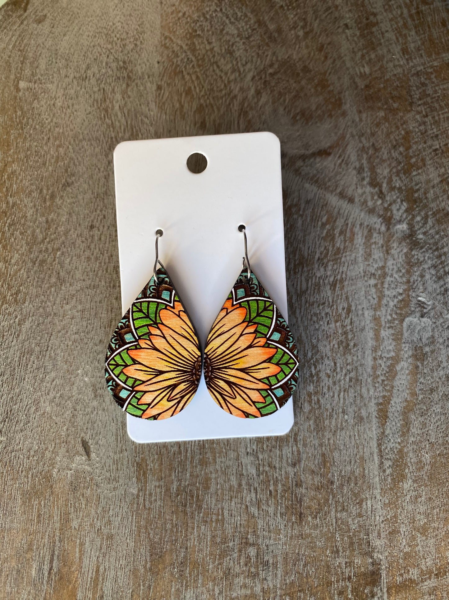 Wood Sunflower Mandala Earrings